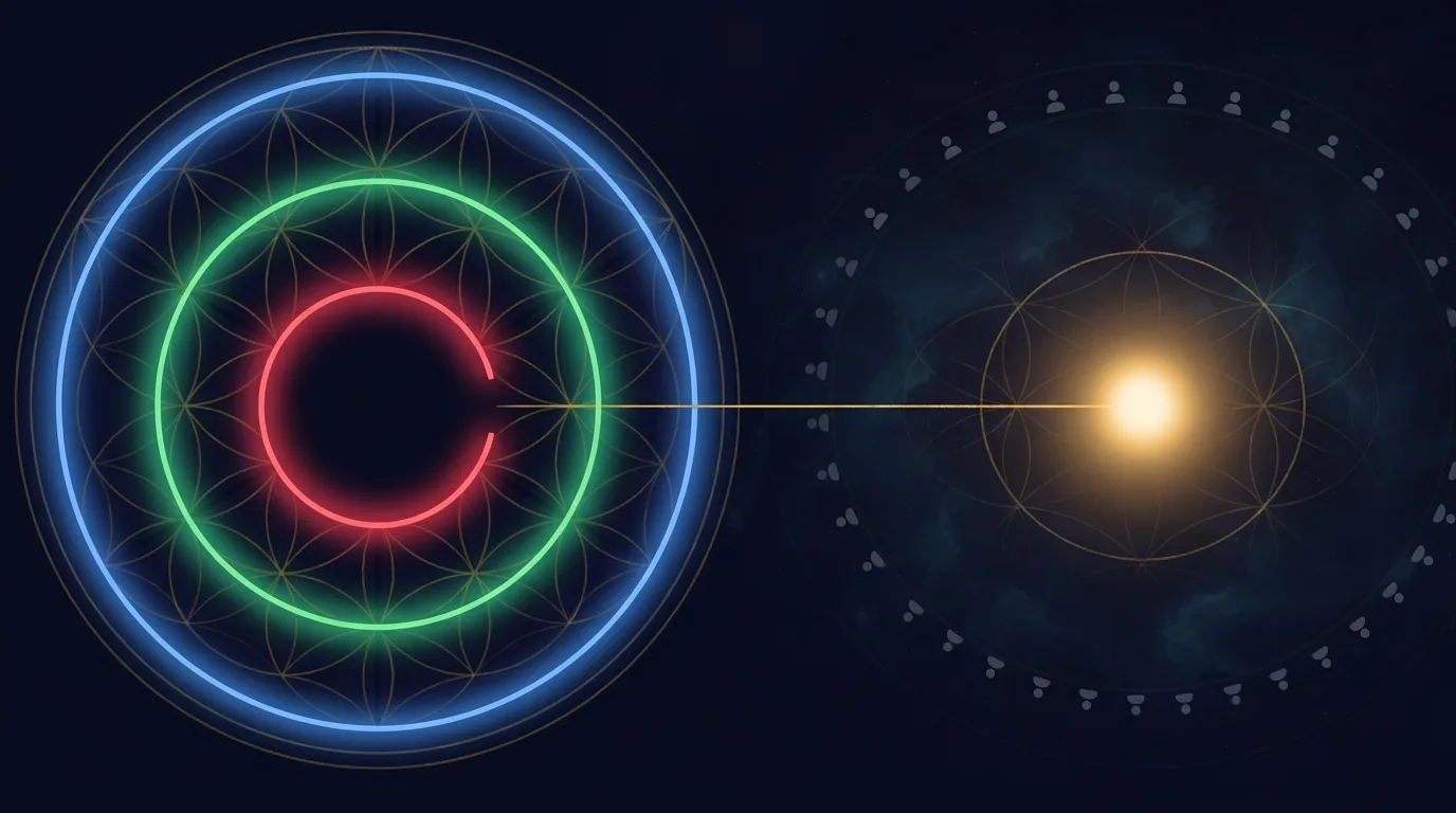 Concentric RGB rings — Body, Soul, Spirit — on sacred geometry, linked by a single beam to an external warm light: the self that cannot shine whole without an Other.