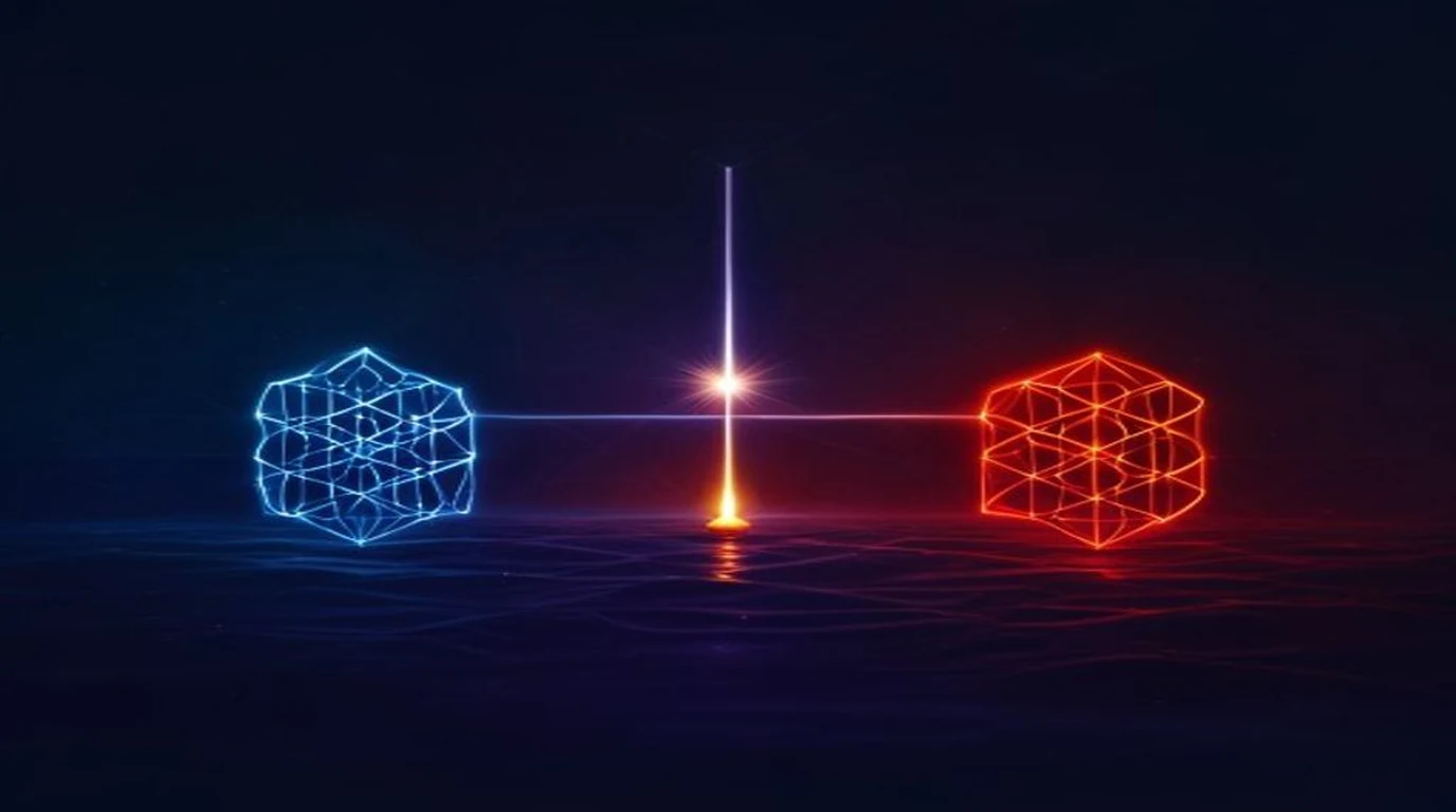 Two overconfident geometric structures, one ice-blue and one ember-red, firing beams of light at each other across a dark field — meeting at a single small, quiet golden flame that neither beam actually touches