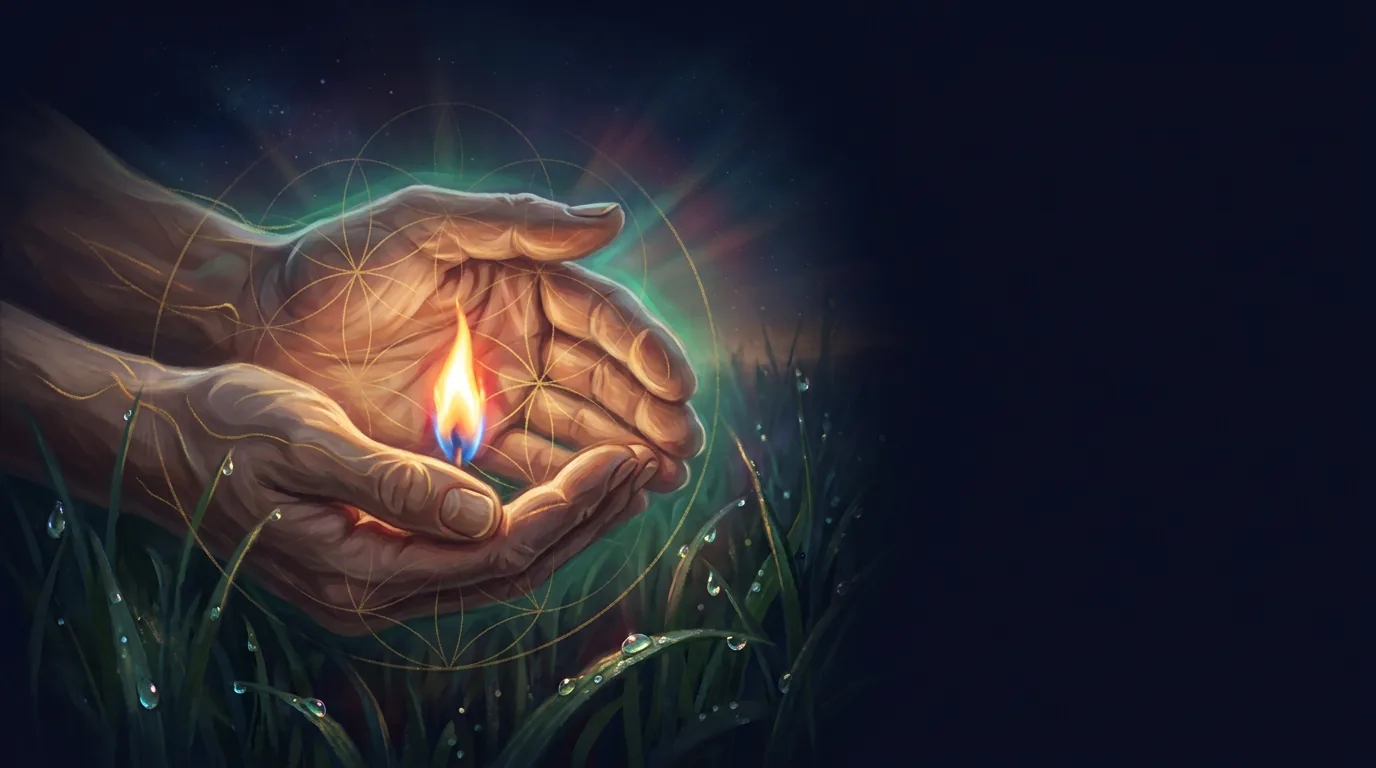 a gardener's cupped hands sheltering one small flame in wet grass — not gripping it, only keeping the wind off