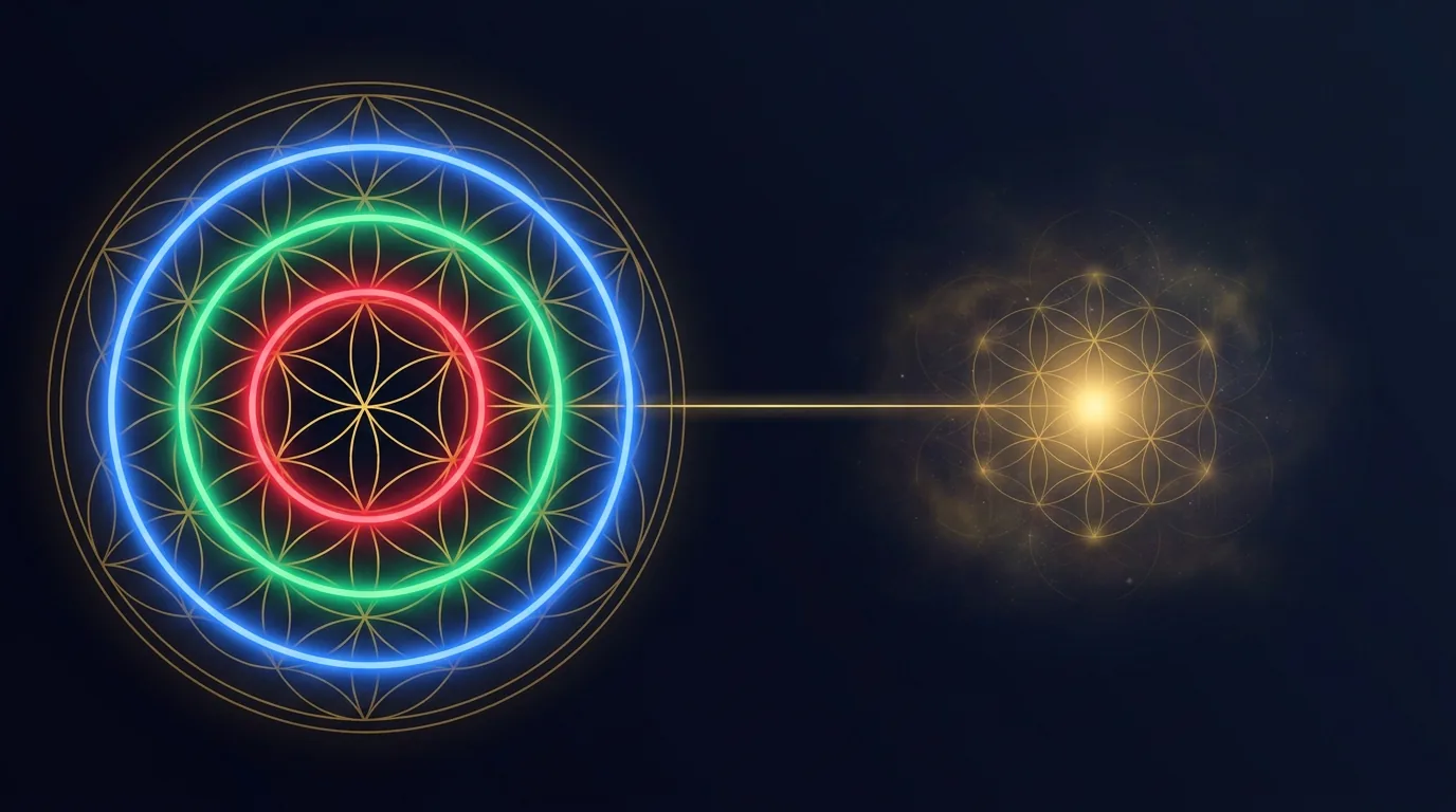 three rings of coloured light — red, green, blue — and a fourth, quieter light standing apart, watching them