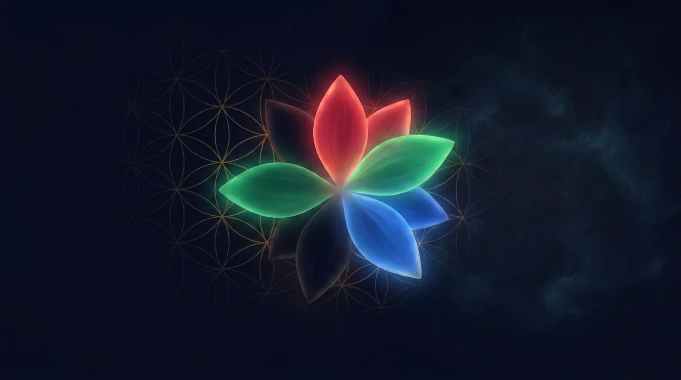 a nine-petalled flower, five petals glowing, four still folded in shadow — and none of them faked
