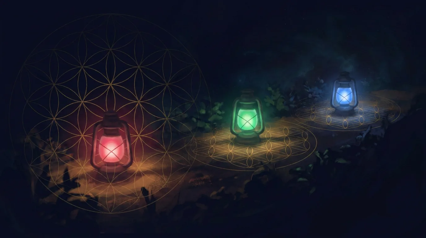 three old lanterns glowing at the edge of a dark garden, lit before a single visitor arrived